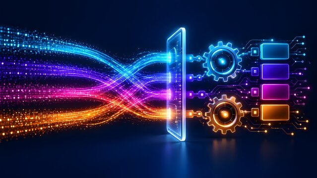 Data processing pipeline, automated workflow engine, information classification concept with colorful particle streams, filter, glowing gears