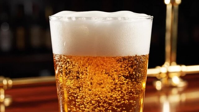 Close-up of a glass of refreshing cold beer with a foamy head, served at a bar with golden accents.