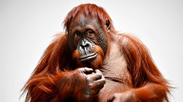Intimate Orangutan Portrait with Gentle Expression against a Clean White Background for Wildlife Documentary or Animal Project