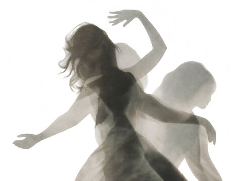 Artistic double exposure dancer motion silhouette, modern dance fluid movement abstract background, elegant expressive dancer overlay image