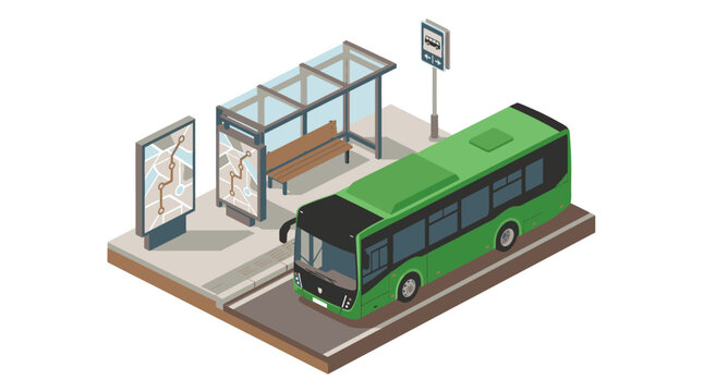 Minimalist Isometric of Green Bus at Modern Bus Stop with Route Map and Direction Sign with high quality professional line art symbols for modern creative design and digital branding projects