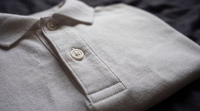 White cotton polo shirt placket and button macro detail close up