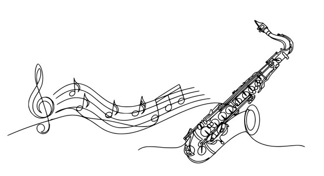Saxophone and Musical Notes Line Art - Isolated
