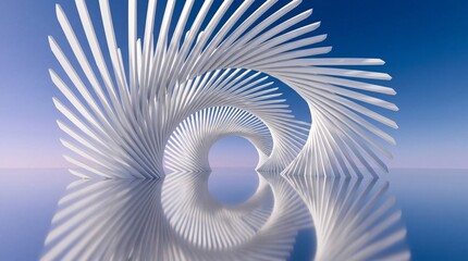 Obraz premium Futuristic abstract parametric architectural structure with white spiral geometric ribs reflected on a smooth glossy surface against a clear blue sky, modern minimalist 3D rendering art.