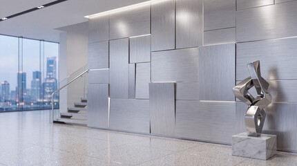 Obraz premium Modern Futuristic Banking Hall or Corporate Office Lobby Featuring Brushed Metal Wall Panels with LED Lighting, Abstract Silver Sculpture, and Cityscape View through Large Windows