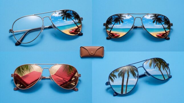 Collection of stylish aviator sunglasses reflecting a tropical beach paradise with palm trees and ocean, arranged on a bright blue background with a protective case, concept for summer vacation