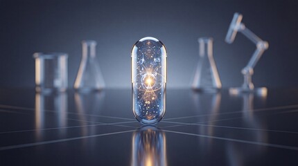 Obraz premium Advanced futuristic medical capsule featuring a glowing atomic core and energy particles, representing breakthrough pharmaceutical research and innovative drug development in a laboratory setting.