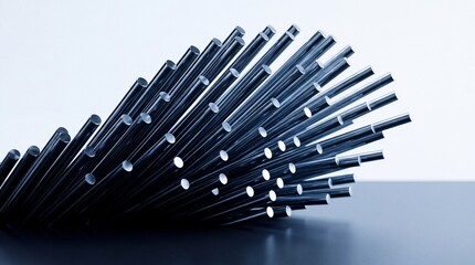 Obraz premium Close up of bulk stainless steel metal rods arranged in a dynamic wave pattern against a clean background, representing industrial manufacturing, precision engineering, and metallurgical supply.
