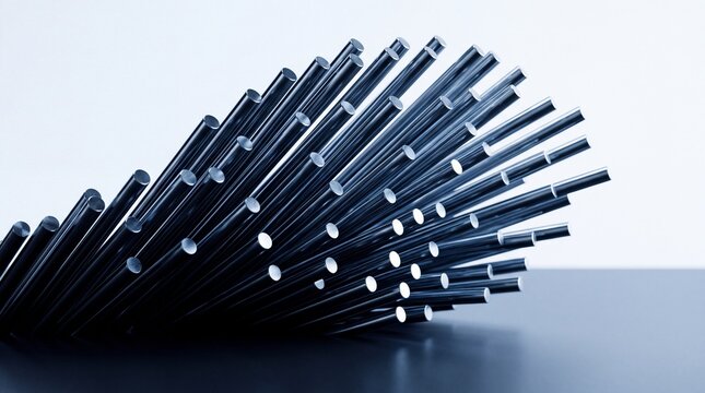Close up of bulk stainless steel metal rods arranged in a dynamic wave pattern against a clean background, representing industrial manufacturing, precision engineering, and metallurgical supply.