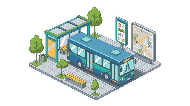 Dynamic Isometric of Modern Blue Bus Stop with Digital Map and Schedule Display with high quality professional line art symbols for modern creative design and digital branding projects