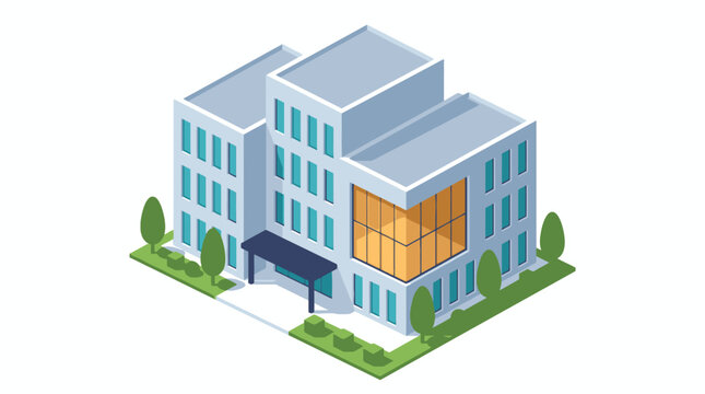 Dynamic Isometric of Modern Office Building with Glass Extension and Outdoor Seating Area with high quality professional line art symbols for modern creative design and digital branding projects