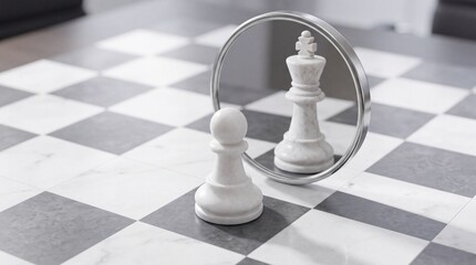 Obraz premium Conceptual Image of a White Marble Chess Pawn Looking into a Round Mirror and Seeing its Reflection as a King, Symbolizing Ambition, Career Growth, Business Strategy, and Hidden Potential.