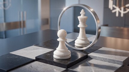 Obraz premium Conceptual image of a white pawn looking into a circular mirror and seeing its reflection as a king, symbolizing ambition, self-confidence, leadership, and potential for growth in business strategy.
