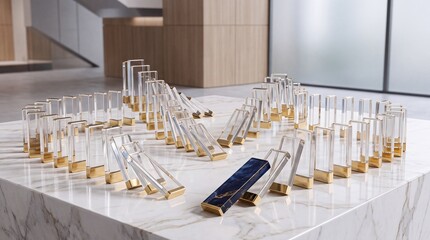 Obraz premium Concept of domino effect with luxury glass and gold blocks falling on a white marble surface in a modern office interior, symbolizing business strategy, chain reaction, and leadership impact.