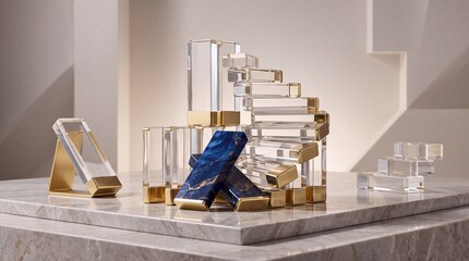 Obraz premium Luxury Cosmetic Packaging Concept with Transparent Glass Blocks, Polished Gold Accents, and Blue Lapis Lazuli Marble Textures Displayed on a Marble Surface in a Minimalist Studio Background