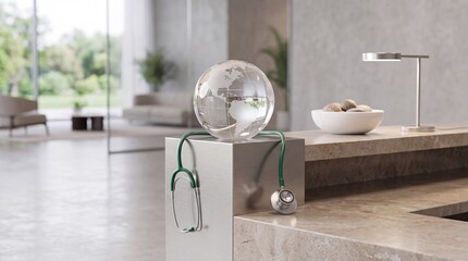 Obraz premium Global healthcare concept featuring a green medical stethoscope and a crystal glass globe on a reception desk in a modern, bright clinic lobby representing international medical services and wellness.