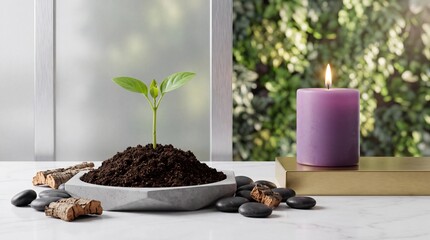 Obraz premium Peaceful Zen Still Life Featuring a Small Green Sprout Growing from Rich Soil, Smooth Black River Stones, and a Lit Purple Scented Candle on a White Marble Table for Wellness and New Life Concepts.