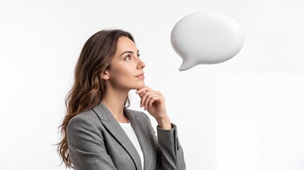 Obraz premium Thoughtful Young Professional Businesswoman in Gray Blazer Looking at Blank White 3D Speech Bubble Icon on White Background, Concept of Communication, Idea Generation, and Creative Thinking