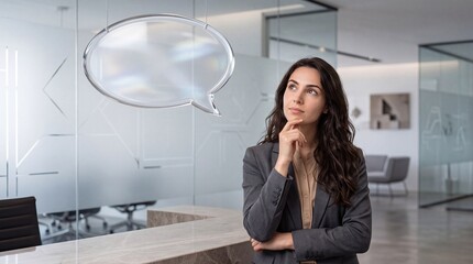 Obraz premium Thoughtful Professional Businesswoman Looking at a Floating Glass Speech Bubble in a Modern Office, Representing Creative Thinking, Communication, Brainstorming, and Innovation Concept