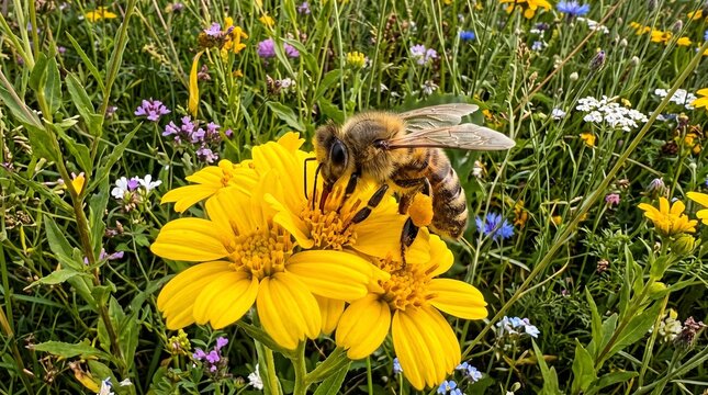 A bee collecting pollen from vibrant yellow flowers in a lush field