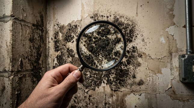 Inspecting mold growth on a wall with a magnifying glass