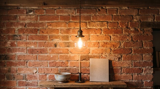 A warm light illuminates a rustic wooden table against a brick wall