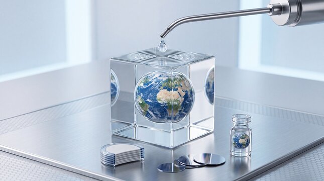Conceptual image of environmental preservation and climate science research showing a miniature planet Earth globe protected inside a glass cube with a drop of water in a futuristic laboratory