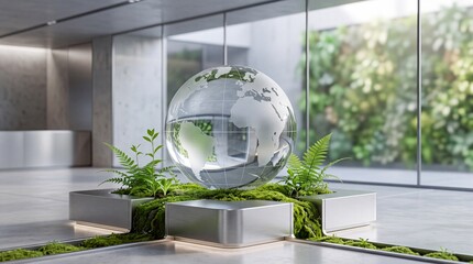 Obraz premium Modern Glass Earth Globe Sculpture on Green Moss and Ferns in a Futuristic Sustainable Office Interior, Representing Global Conservation, Environmental ESG Goals, and Eco Friendly Business Concepts