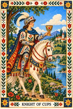 Knight of Cups Tarot Card Art Featuring Colorful Symbols and Nature