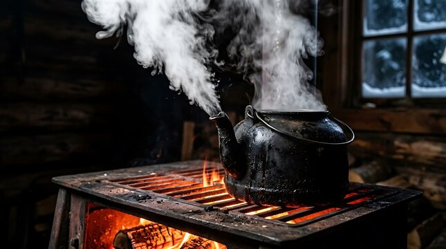 Steaming Cast Iron Kettle on Wood Burning Stove