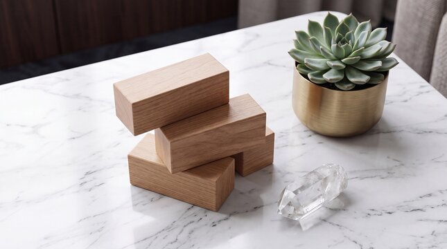 Minimalist composition of stacked natural wooden blocks on white marble surface with green succulent in gold pot and clear quartz crystal for modern home decor and zen lifestyle concept