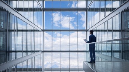 Fototapeta premium Confident businessman in a professional suit standing in a high-tech modern glass office building atrium holding a digital tablet while looking out at the bright blue sky through large windows