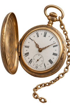 Vintage gold pocket watch with chain, antique brass pocketwatch with roman numerals, classic retro timekeeper object isolate