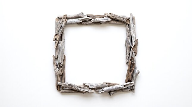 Square frame made from weathered driftwood pieces arranged on a white background.