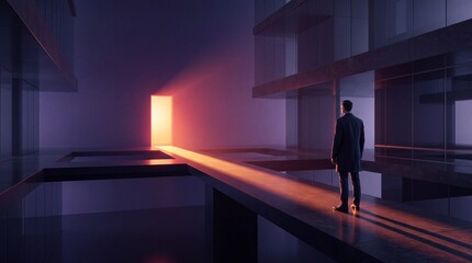 Obraz premium Businessman standing on a narrow pathway in a surreal minimalist architectural space looking towards a bright glowing doorway representing hope, opportunity, transition, and future success.