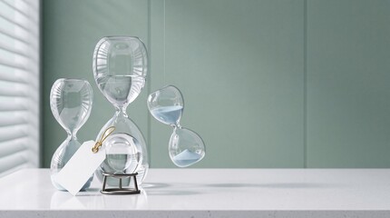 Obraz premium Composition of Elegant Glass Hourglasses and Crystal Sphere on a White Desk with Blank Tag and Sage Green Background Symbolizing Time Management Deadline and Surreal Concept of Floating Time