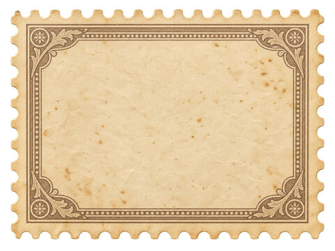 Vintage postage stamp frame mockup, blank aged paper post mark border, decorative antique mail border template for scrapbooking graphic design