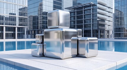 Obraz premium Abstract Representation of Modern Financial Infrastructure with Shiny Metallic Cubes Stacked in Front of a Contemporary Glass Skyscraper and Corporate Office Building Reflecting in a Pool