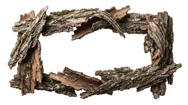 A rectangular frame constructed from rough, textured tree bark pieces with moss accents.