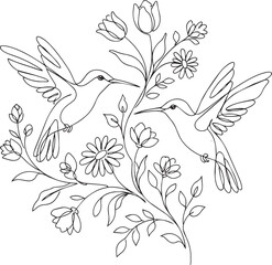 Fototapeta premium Continuous single line of two hummingbirds hovering around a cluster of various flowers and leaves on a white background