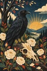 Obraz premium Dark Raven Standing Amidst Flowers and Skull in Scenic Artwork