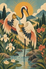Obraz premium Elegant Crane Pouring Water Amidst Lush Nature and Vibrant Flowers