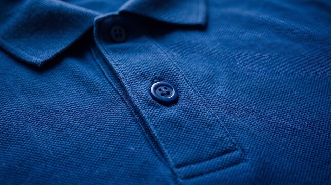Royal blue cotton pique polo shirt placket macro with close up button