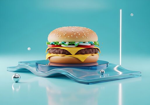 Colorful pixel art burger with boat and water reflection