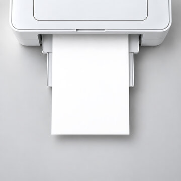 Clean printer mockup with blank white paper coming out on a light gray background, perfect for office branding, document display, print templates and stationery design.