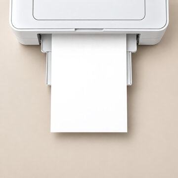 Minimal printer mockup with blank white paper output on a soft beige background, ideal for document presentation, stationery branding, print design and office template use.