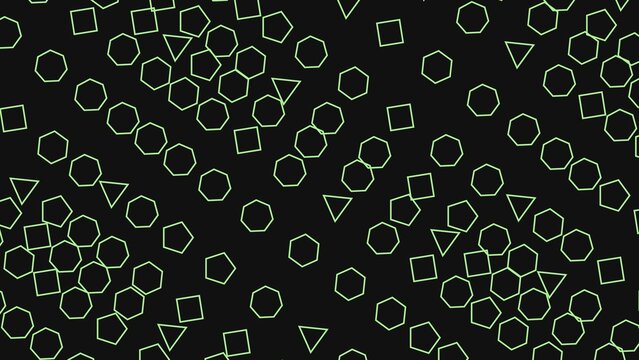 Geometric pattern with glowing green neon shapes on a dark black background