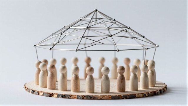 Wooden figures gather under a geometric dome, symbolizing unity and protection.