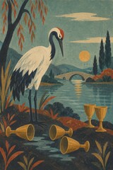 Obraz premium Serene Crane by Riverbank with Goblets and Scenic Background