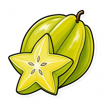 Vector illustration of a fresh green starfruit and a cross-section slice shaped like a star, isolated on a white background, perfect for tropical fruit and healthy eating themes.